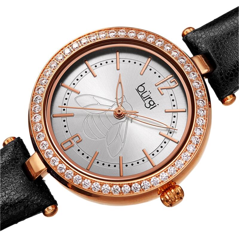Burgi Women's Crystal Honey Bee Sparkling Leather Strap Watch - Black/Rose