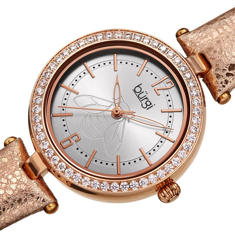 Burgi Women's Crystal Honey Bee Sparkling Leather Strap Watch - Rose