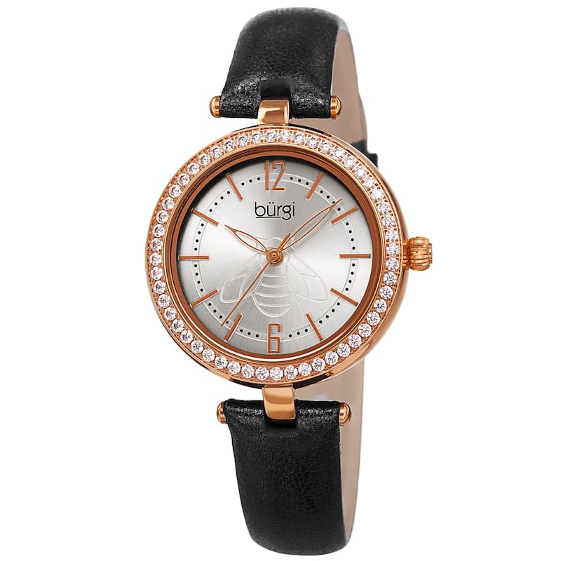 Burgi Women's Crystal Honey Bee Sparkling Leather Strap Watch
