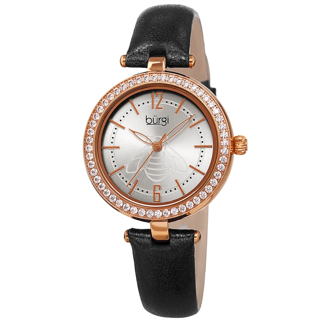 Burgi Women's Crystal Honey Bee Sparkling Leather Strap Watch