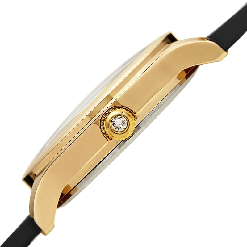 Burgi Women's Swarovski Crystal Scallop Pattern Leather Strap Watch - Black/Gold