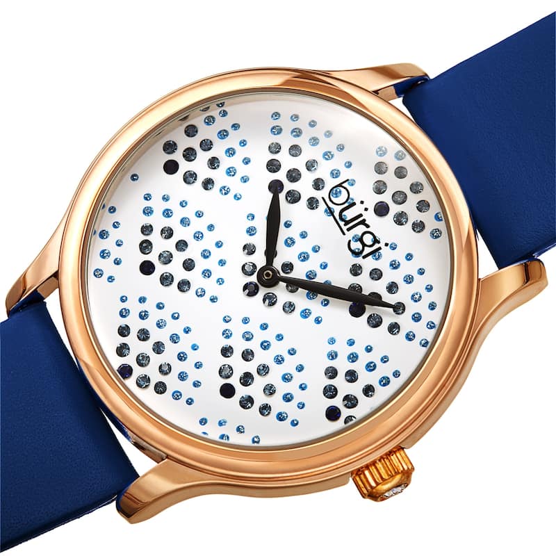 Burgi Women's Swarovski Crystal Scallop Pattern Leather Strap Watch - Black/Gold - Blue