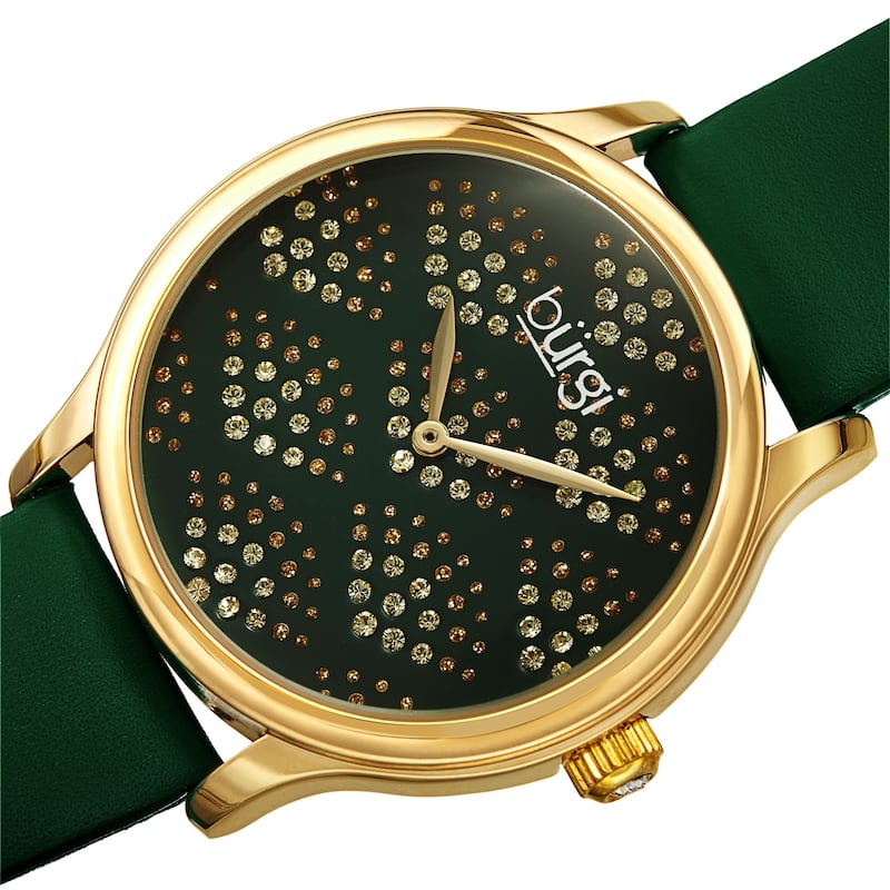 Burgi Women's Swarovski Crystal Scallop Pattern Leather Strap Watch - Black/Gold - Green