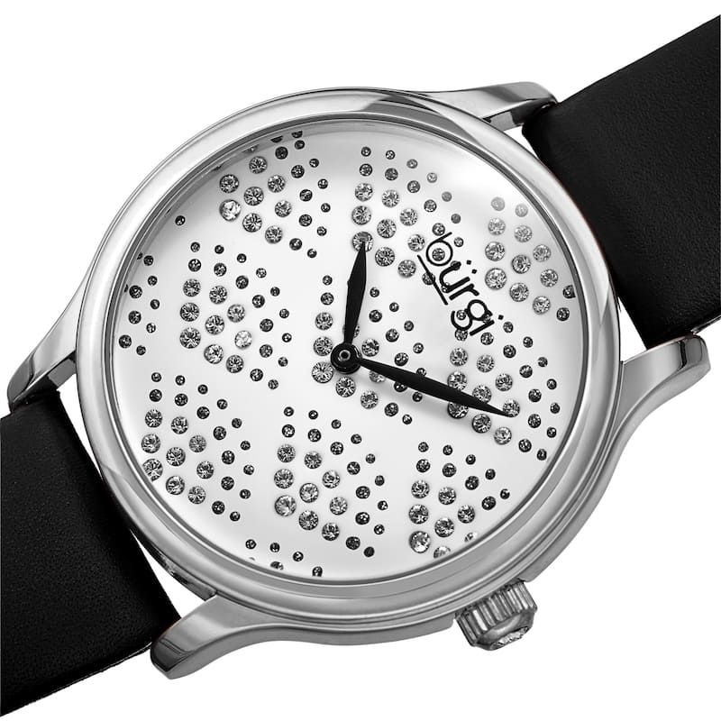 Burgi Women's Swarovski Crystal Scallop Pattern Leather Strap Watch - Black/Gold - Black/Silver