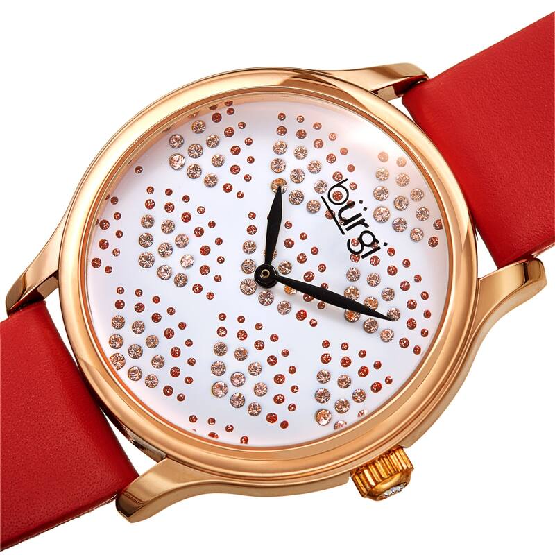 Burgi Women's Swarovski Crystal Scallop Pattern Leather Strap Watch - Black/Gold - Red