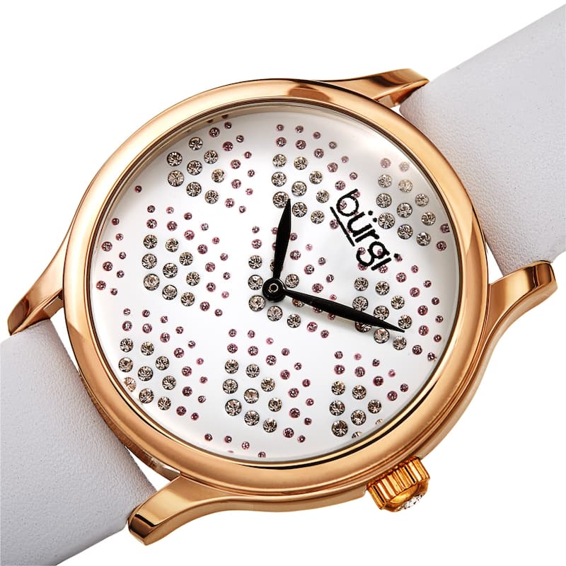 Burgi Women's Swarovski Crystal Scallop Pattern Leather Strap Watch - Black/Gold - White