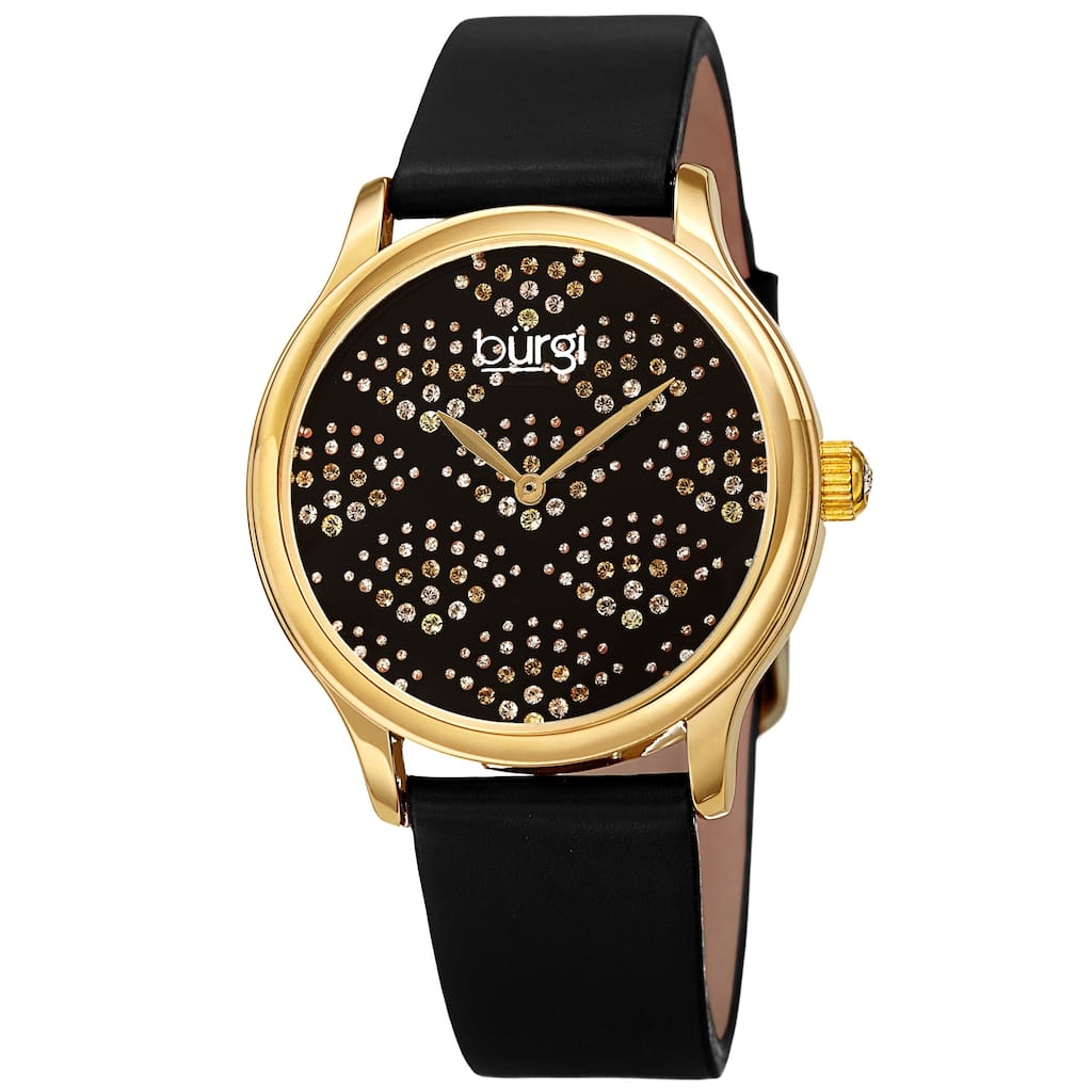 Burgi Women's Swarovski Crystal Scallop Pattern Leather Strap Watch - Black/Gold