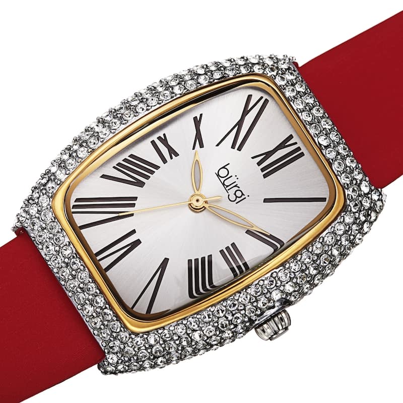 Burgi Women's Swarovski Crystal Tonneau Case Leather Strap Watch - Red