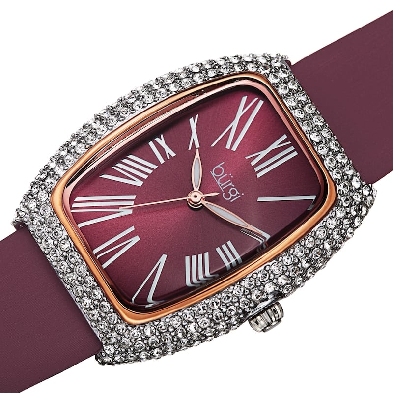 Burgi Women's Swarovski Crystal Tonneau Case Leather Strap Watch