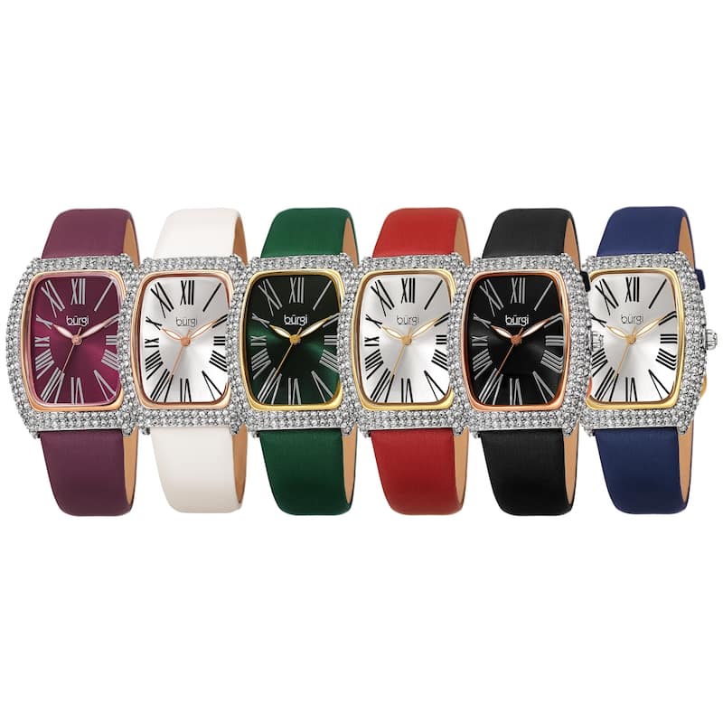 Burgi Women's Swarovski Crystal Tonneau Case Leather Strap Watch