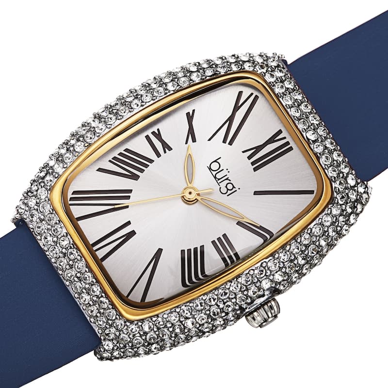 Burgi Women's Swarovski Crystal Tonneau Case Leather Strap Watch