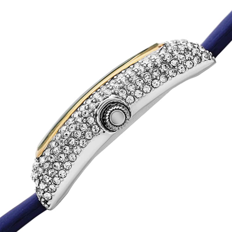 Burgi Women's Swarovski Crystal Tonneau Case Leather Strap Watch