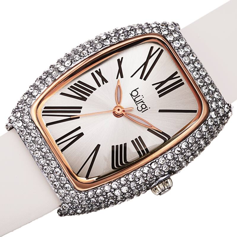 Burgi Women's Swarovski Crystal Tonneau Case Leather Strap Watch