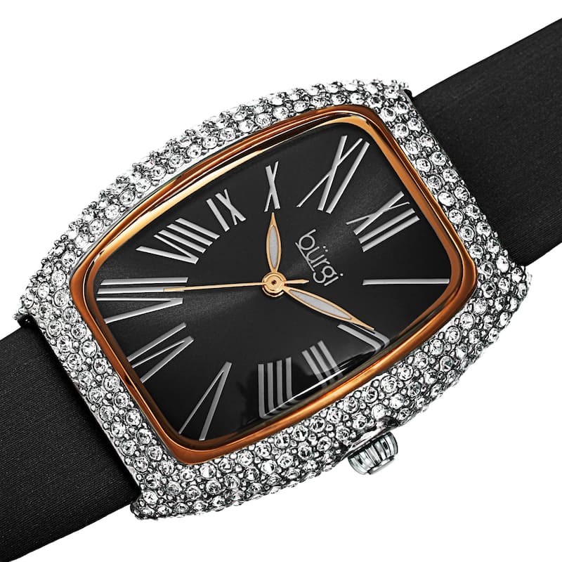 Burgi Women's Swarovski Crystal Tonneau Case Leather Strap Watch