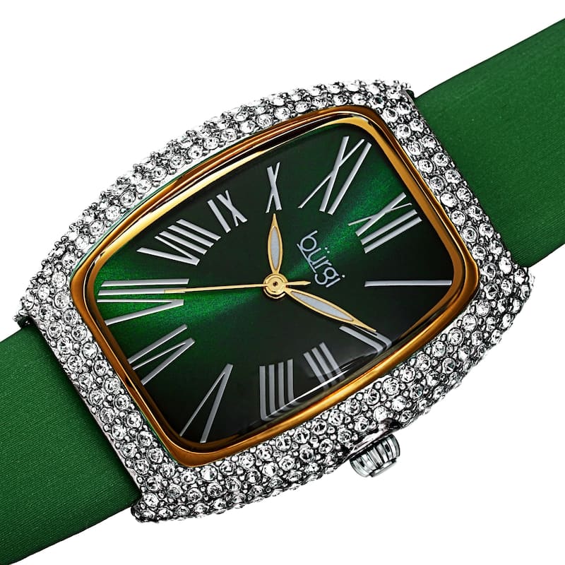 Burgi Women's Swarovski Crystal Tonneau Case Leather Strap Watch