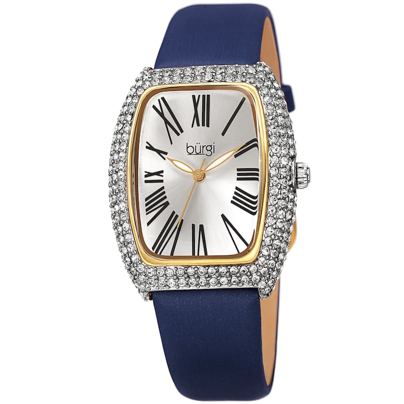 Burgi Women's Swarovski Crystal Tonneau Case Leather Strap Watch