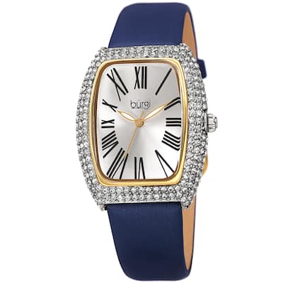 Burgi Women's Swarovski Crystal Tonneau Case Leather Strap Watch