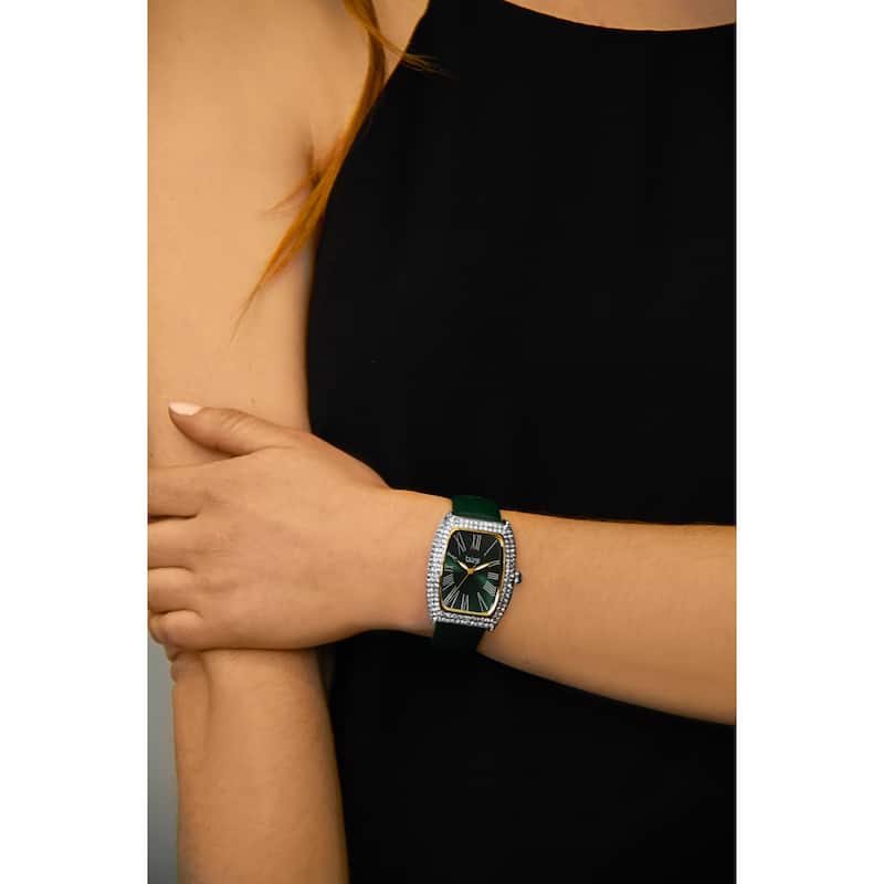 Burgi Women's Swarovski Crystal Tonneau Case Leather Strap Watch