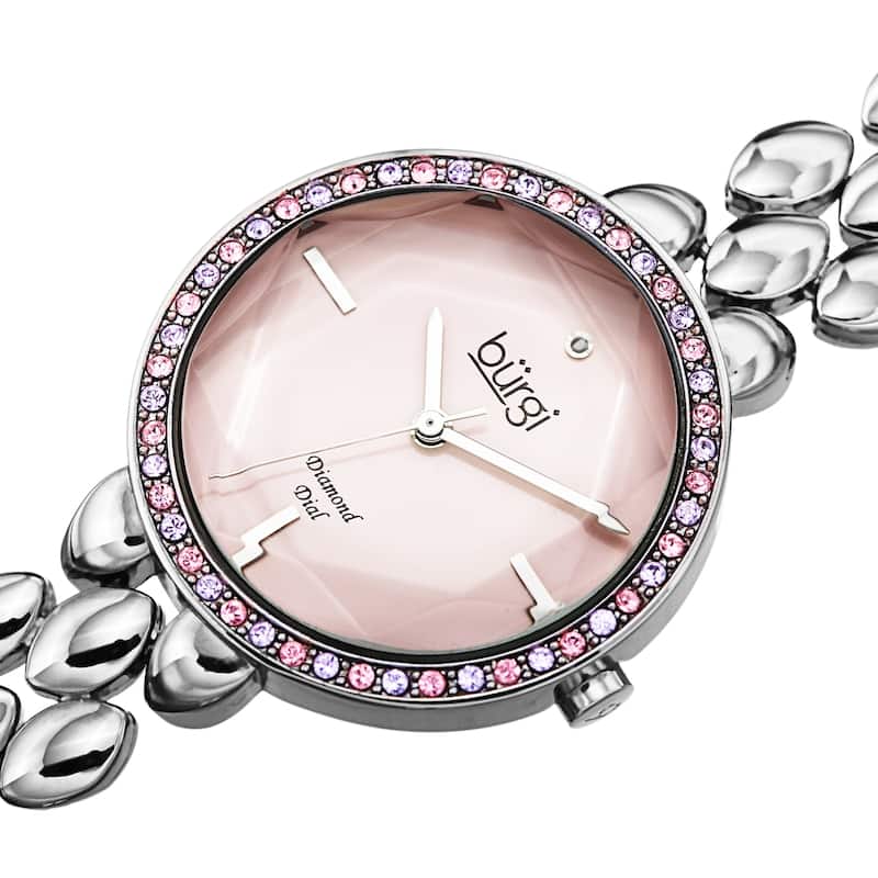 Burgi Women's Diamond Colored Swarovski Link Bracelet Watch - Pink