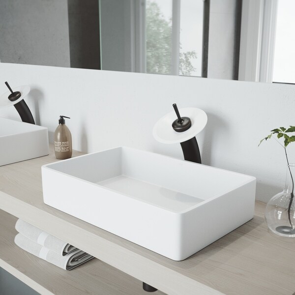 VIGO Magnolia Matte Stone Bathroom Sink Set with Waterfall Faucet