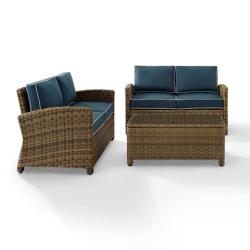 Crosley Bradenton 3-piece Outdoor Wicker Seating Set with Navy Cushions - 94.5 "W x 94.5 "D x 32.5 "H