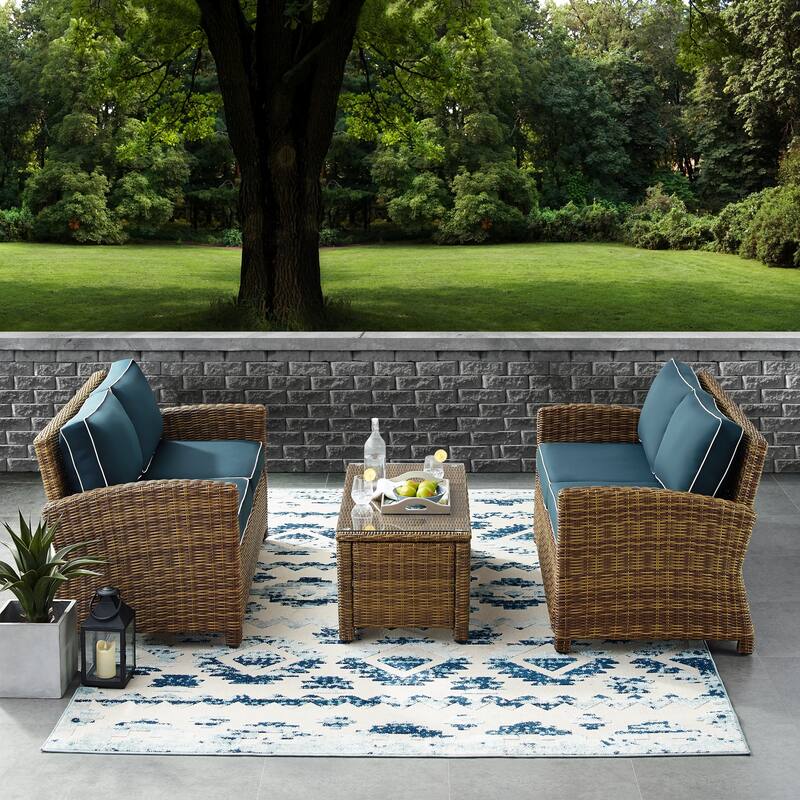 Crosley Bradenton 3-piece Outdoor Wicker Seating Set with Navy Cushions - 94.5 "W x 94.5 "D x 32.5 "H