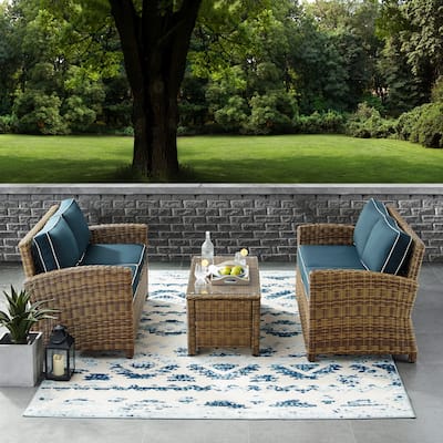 Crosley Bradenton 3-piece Outdoor Wicker Seating Set with Navy Cushions - 94.5 "W x 94.5 "D x 32.5 "H