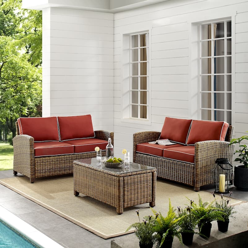 Crosley Bradenton 3-piece Outdoor Wicker Seating Set with Sangria Cushions - 94.5 "W x 94.5 "D x 32.5 "H