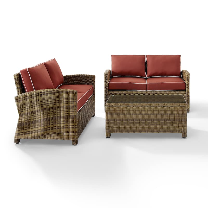 Crosley Bradenton 3-piece Outdoor Wicker Seating Set with Sangria Cushions - 94.5 "W x 94.5 "D x 32.5 "H