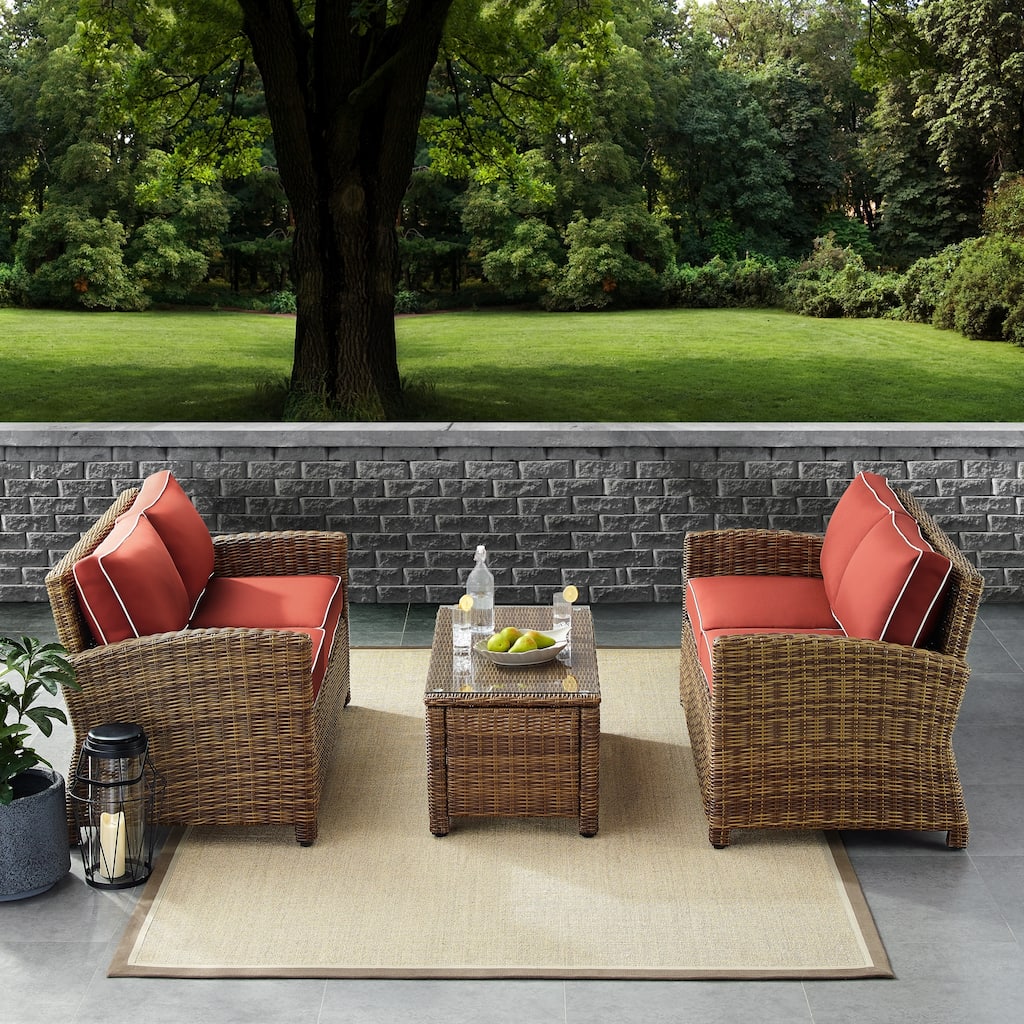Crosley Bradenton 3-piece Outdoor Wicker Seating Set with Sangria Cushions - 94.5 "W x 94.5 "D x 32.5 "H