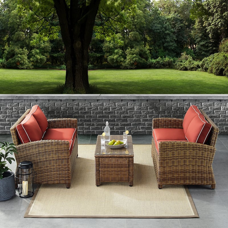 Crosley Bradenton 3-piece Outdoor Wicker Seating Set with Sangria Cushions - 94.5 "W x 94.5 "D x 32.5 "H