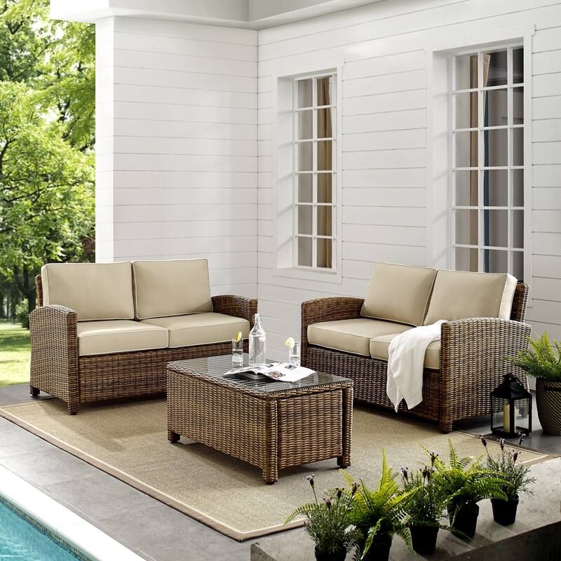 Crosley Bradenton 3-piece Outdoor Wicker Seating Set with Sand Cushions - 94.5 "W x 94.5 "D x 32.5 "H