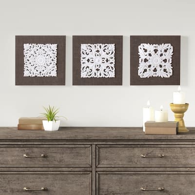 Madison Park White Mandala Trinity White/ Brown 3D Embellished Linen Canvas 3 Piece Wall Art