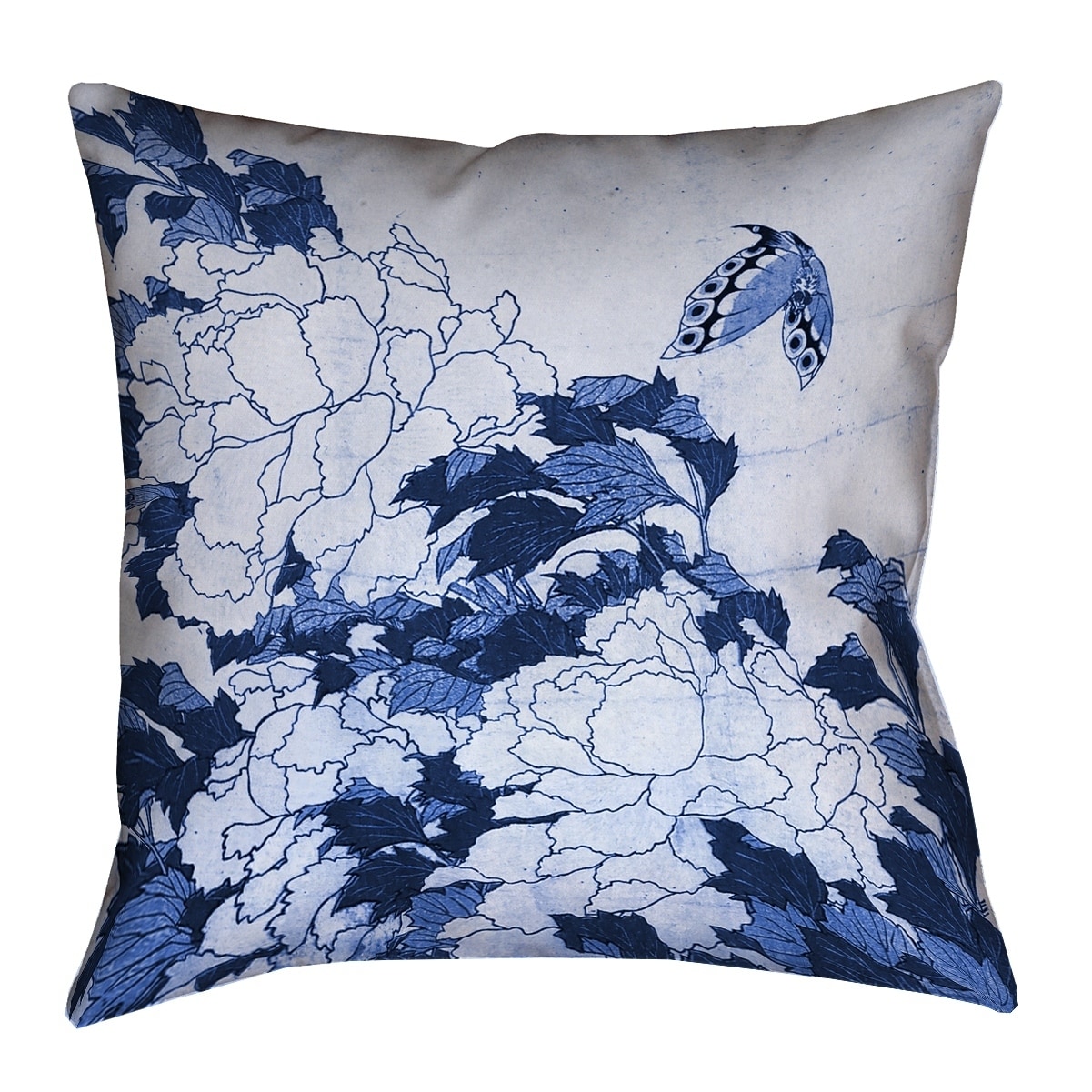18 in Peonies and Butterfly Decorative Pillow, Blue