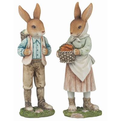 Transpac Resin Brown Easter Traditional Bunny Farmer Couple Decor Set of 2