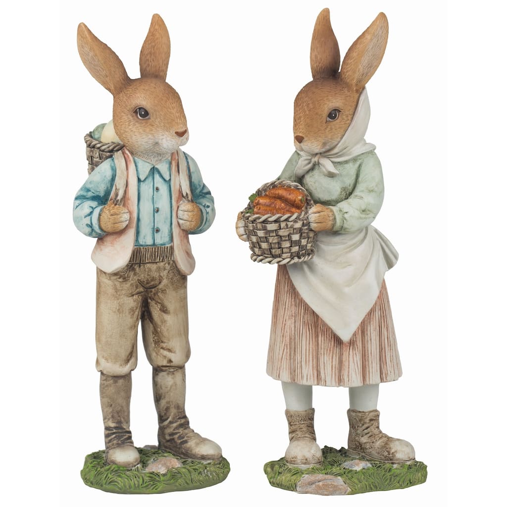 Transpac Resin Brown Easter Traditional Bunny Farmer Couple Decor Set of 2