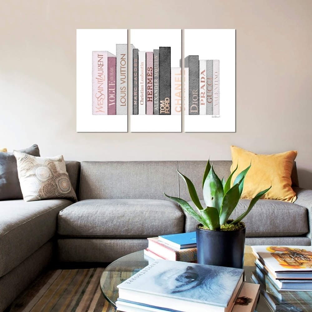 Amanda Greenwood Canvas Prints - Book Shelf Full of Rose Gold, Grey, and Pink Fashion Books ( Fashion art) - 18x26 in