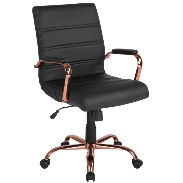Executive Black Leather Adjustable Swivel Office Chair With Rose Gold Metal Base And Padded Arms