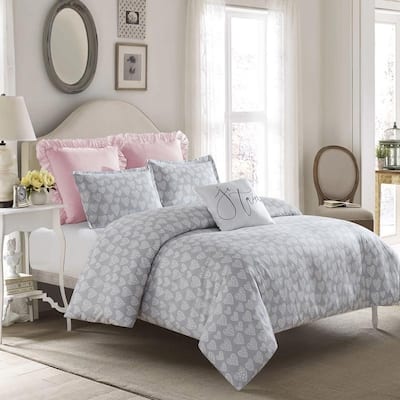 Crystal Heart Comforter Set-Gray -Machine Washable - Includes 1 Comforter + 1 Sham- 1 Pillow -Twin