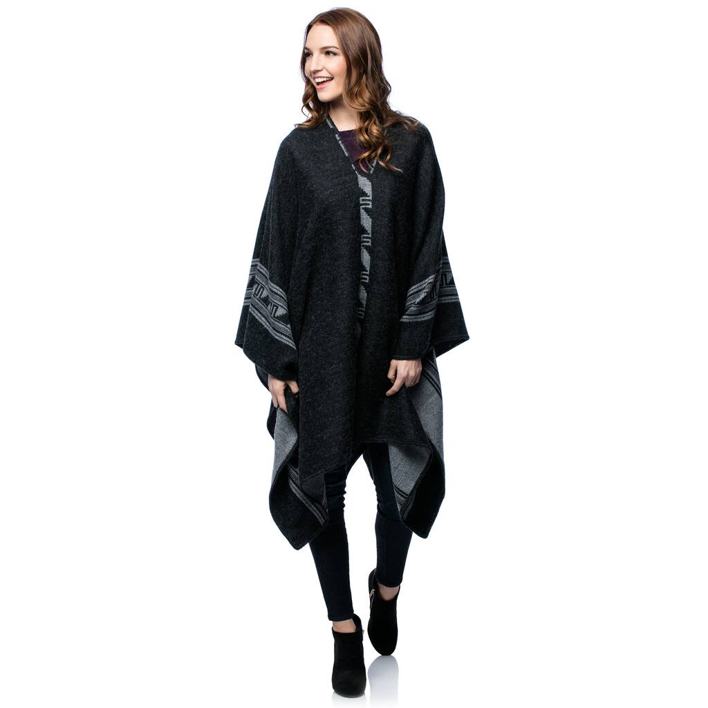 Glyphs Gray Black Glyphs Soft Warm Alpaca Wool Blend Reversible Hi Low Open Front Everyday Womens Poncho