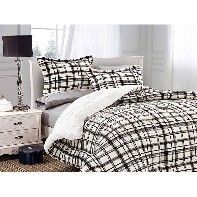 Elegant Comfort 3-Piece Plaid Pattern Sherpa-Backing Reversible Comforter Set - King - Cal King - Mocha