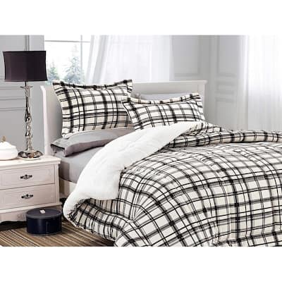 Elegant Comfort 3-Piece Plaid Pattern Sherpa-Backing Reversible Comforter Set
