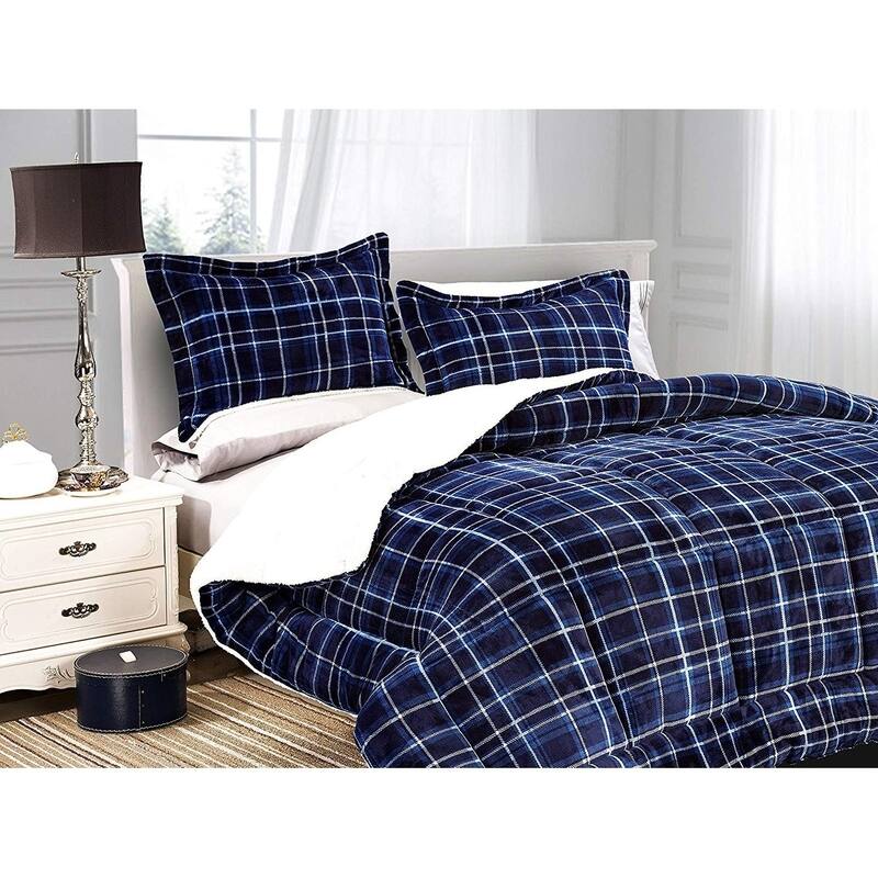 Elegant Comfort 3-Piece Plaid Pattern Sherpa-Backing Reversible Comforter Set - King - Cal King - Navy Blue
