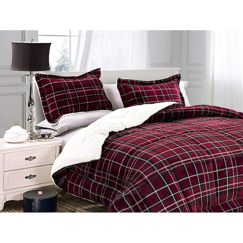 Elegant Comfort 3-Piece Plaid Pattern Sherpa-Backing Reversible Comforter Set - King - Cal King - Burgundy