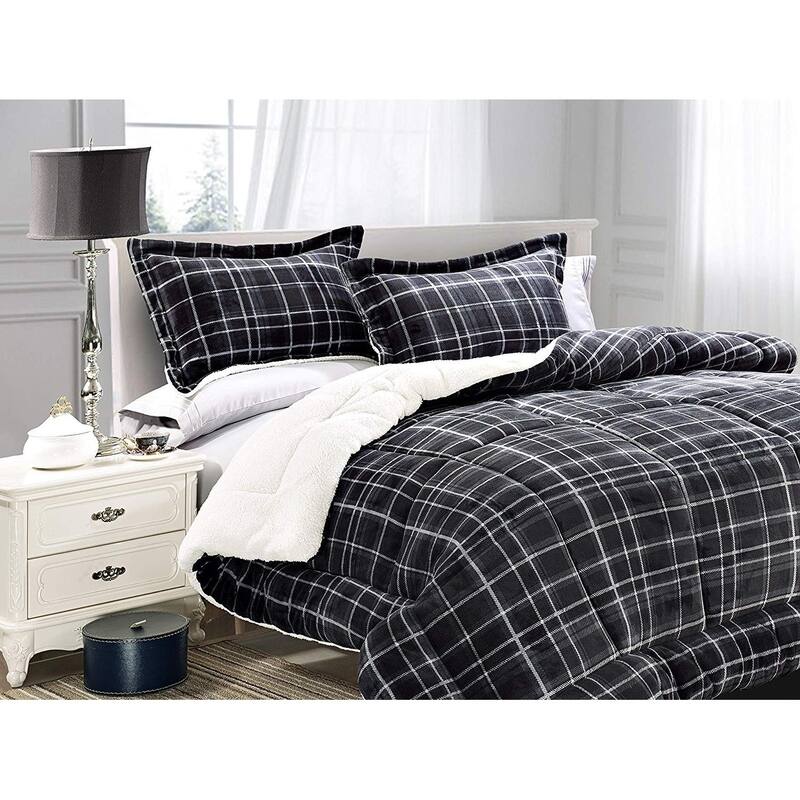 Elegant Comfort 3-Piece Plaid Pattern Sherpa-Backing Reversible Comforter Set - Full - Gray