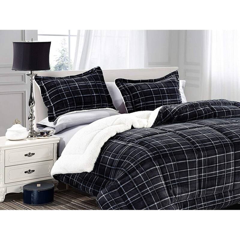 Elegant Comfort 3-Piece Plaid Pattern Sherpa-Backing Reversible Comforter Set - Twin - Twin XL - Black