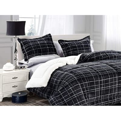 Elegant Comfort 3-Piece Plaid Pattern Sherpa-Backing Reversible Comforter Set