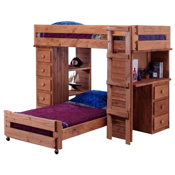 Mahogany Hill Twin over Twin Student Loft Bed with Desk and Chest Ends