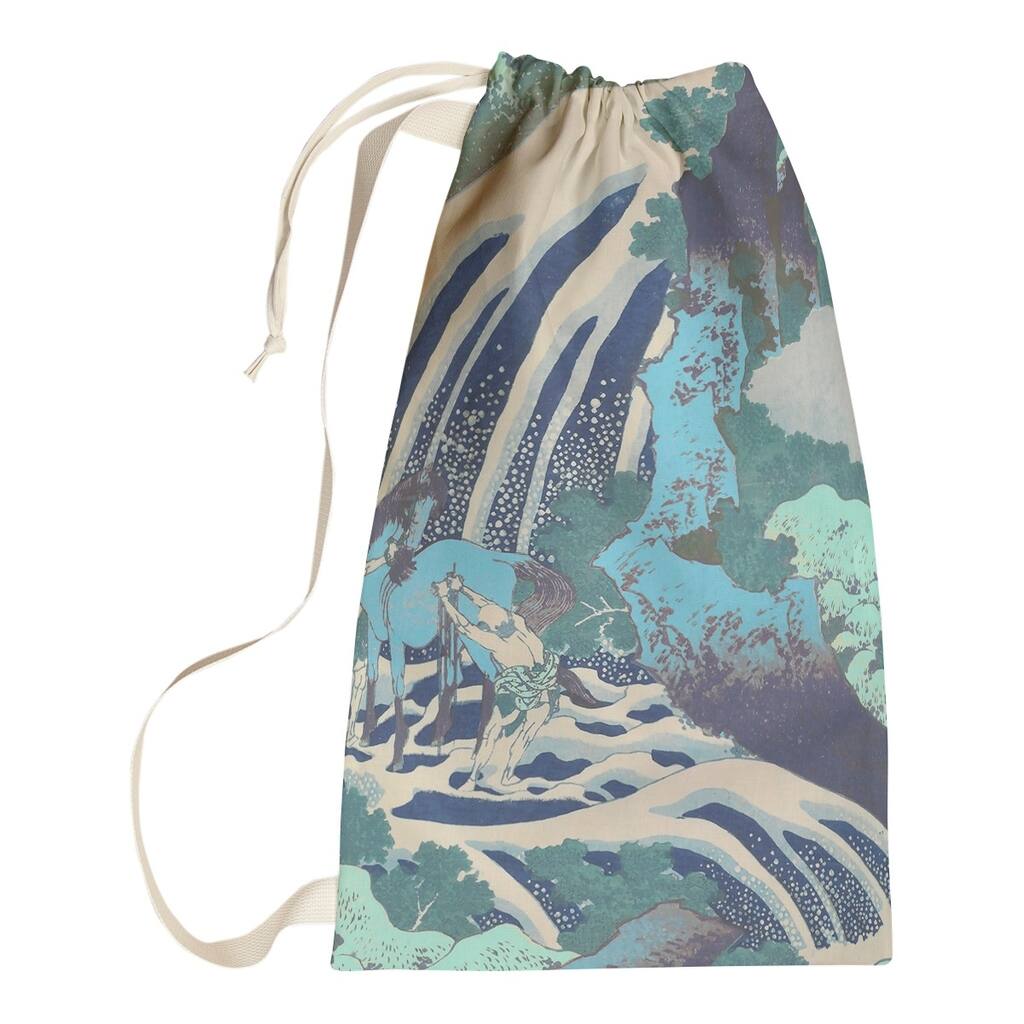 Katsushika Hokusai Horse and Waterfall in Teal Laundry Bag