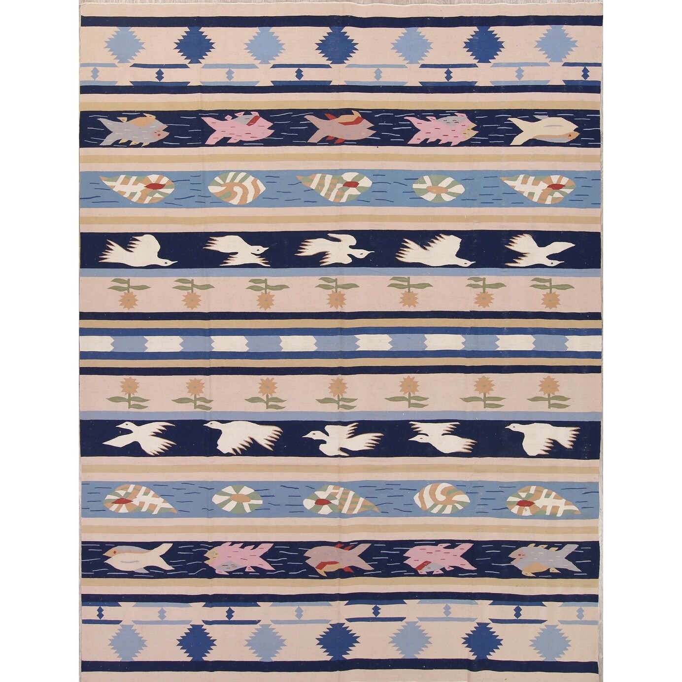 Kilim Indian Animal Pictorial Hand Woven Wool Oriental Area Rug - 11'11" x 9'1"